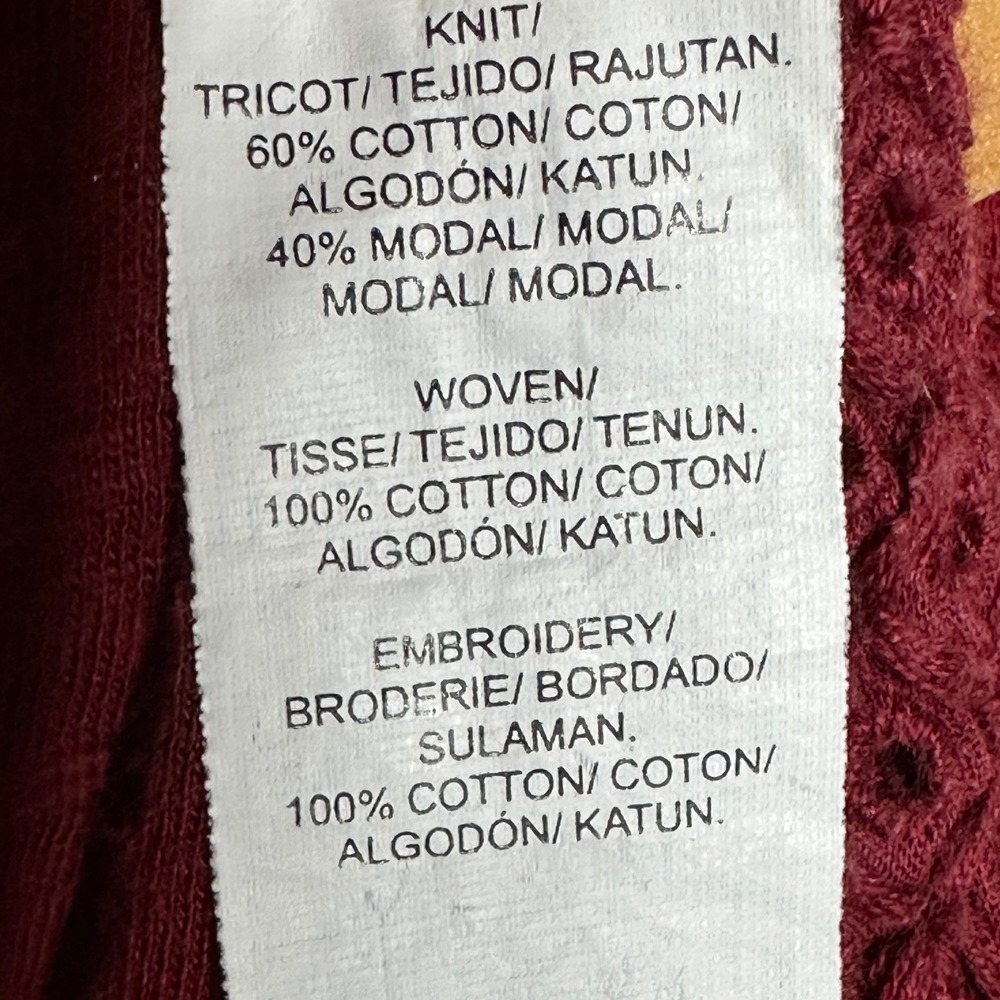 Lucky Brand Long Sleeve Lace Trim Henley Top size Large Burgundy Red - Picture 3 of 6